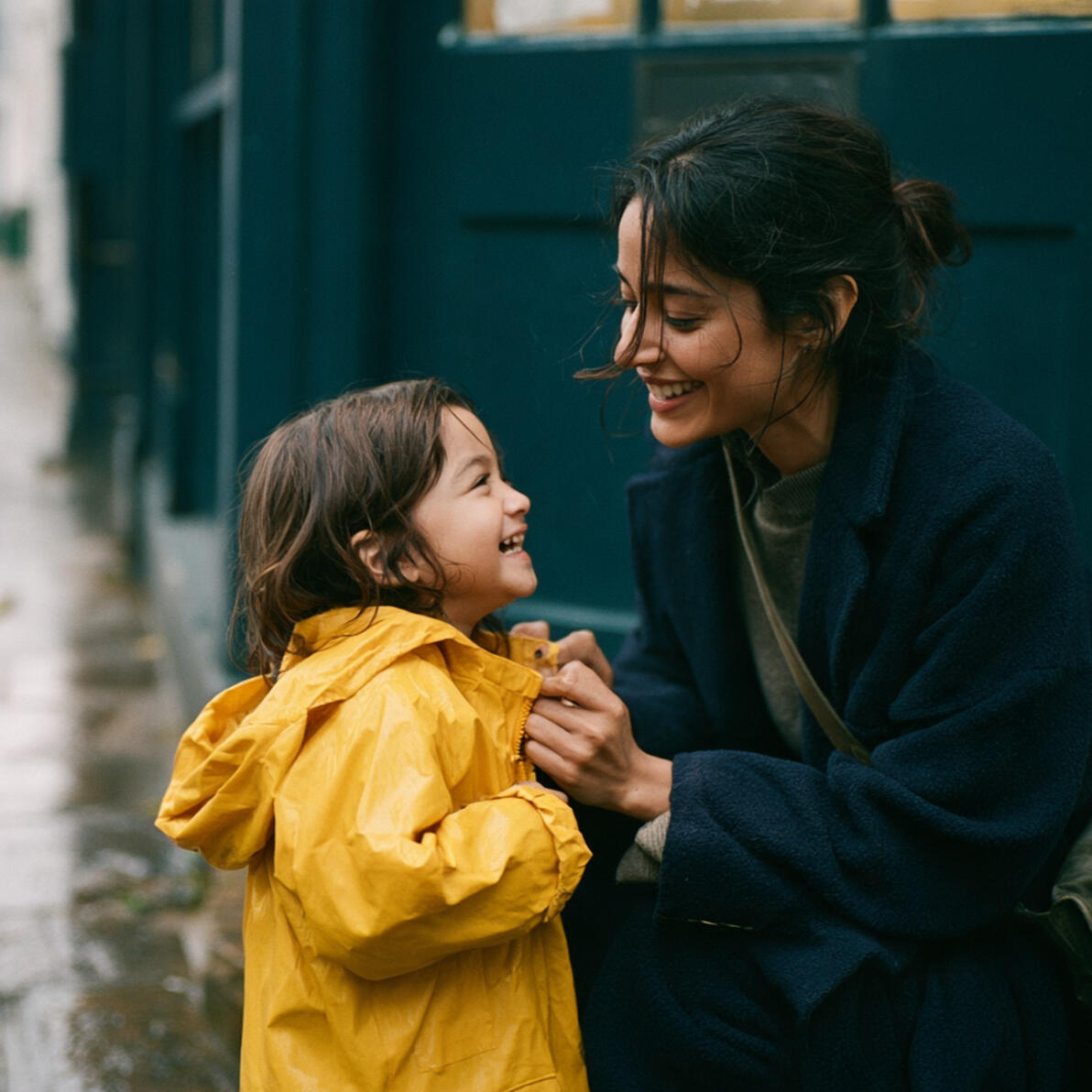 A mum with a coffee and work bag saying goodbye to her daughter in a yellow raincoat at the nursery door
